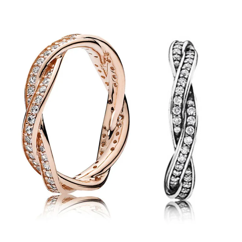 925 Sterling Silver Twist Of Fate Stackable Ring Set Original Box for Pandora Women Wedding CZ Diamond 18K Rose Gold Ring