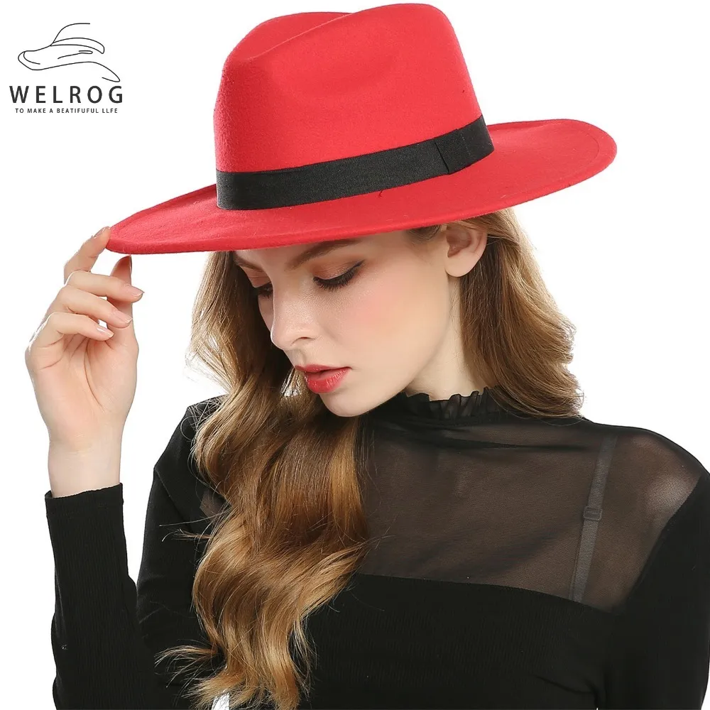 WELROG Black Red Fedora Hats For Women Imitation Wool Fedoras Panama Felt Hat Winter Men Jazz Hats Trilby Chapeau Femme Caps Y200103