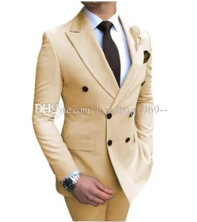 Popular Double-Breasted Champagne Groom Tuxedos Peak Lapel Groomsmen Mens Suits Wedding/Prom/Dinner Blazer (Jacket+Pants+Tie) K325