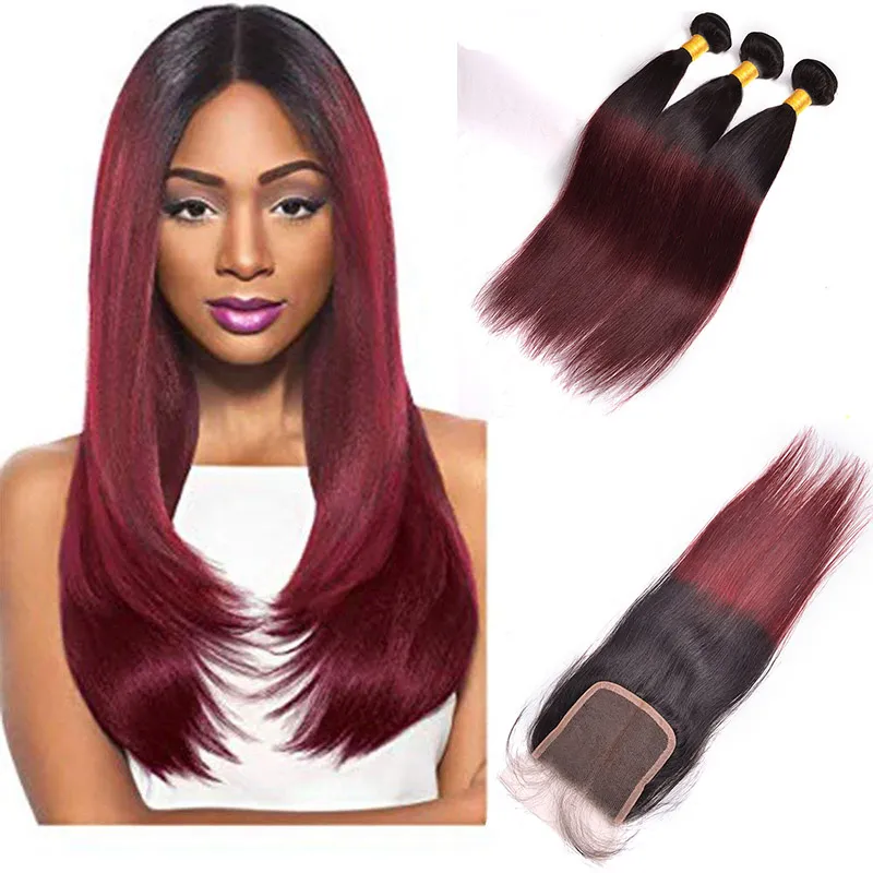 Cheveux humains non transformés péruviens 3 faisceaux avec fermeture à lacet 4X4 Silky Straight Burgundy 1B / 99J Straight Virgin Hair Ombre Color