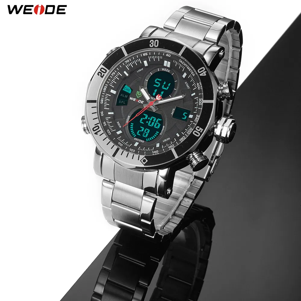 WEIDE Mens Quartz Digital Sports Auto Date Back Light Alarm Repeater Multiple Time Zones Stainless Steel Band Clock Wrist Watch267b