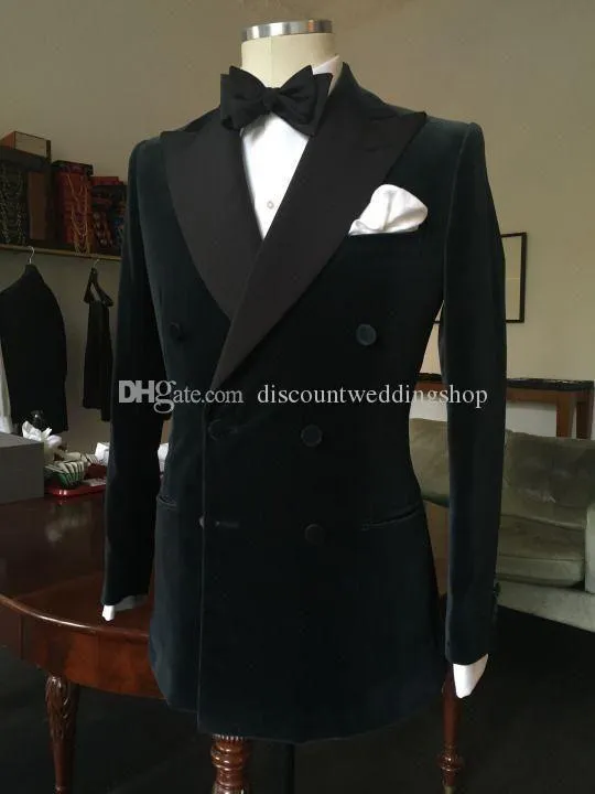 Prawdziwe zdjęcie Czarny Velvet Double Breasted Man Dress Prom Blazer Płaszcz Spodnie Zestawy Garnitury Biznesowe Groom Tuxedos (Kurtka + Spodnie + Krawat) K76