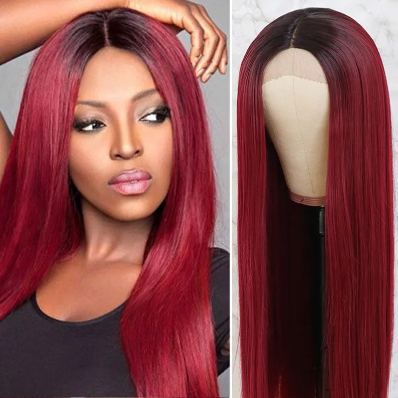 Perucas de renda 24 polegadas moda longa peruca reta sedosa sintética ombre preto a borgonha vermelho calor ristant peruca frontal de renda para mulheres negras cabelo kanekalon