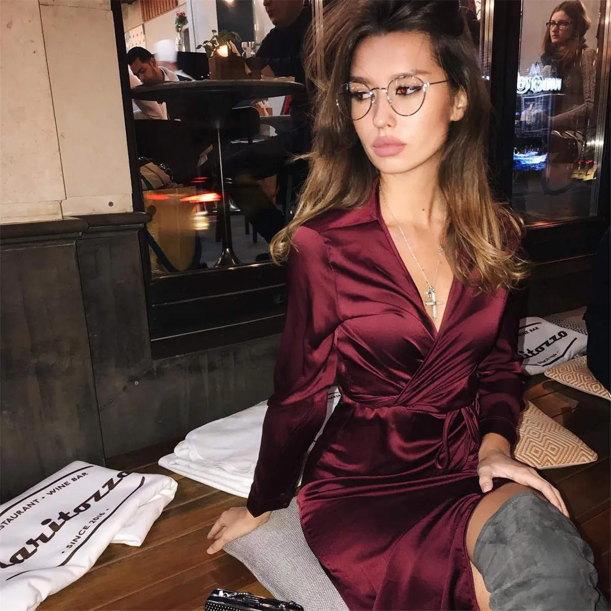 BOOFEENAA Satin Silk Sexy Long Sleeve V Neck Midi Wrap Dress Winter Woman  Christmas Party Dresses Night Club Robes C55 AZ96 From Oldriver, $28.4