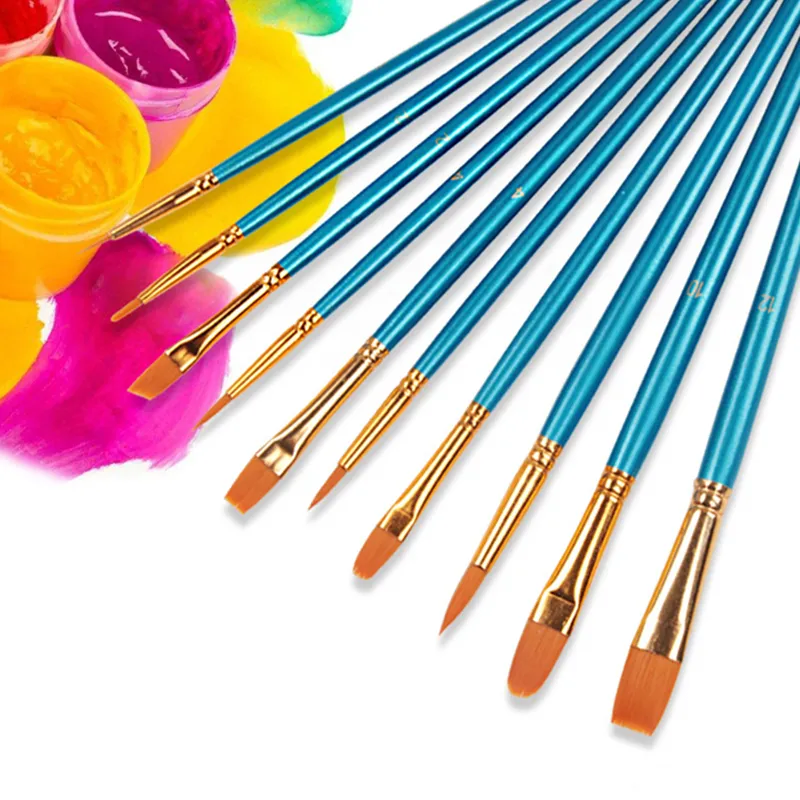 Set di pennelli per guazzo Penna per pittura ad acquerello Pennello per olio 10 pezzi Capelli in nylon Manico in legno rosso blu Pittura acrilica Arte