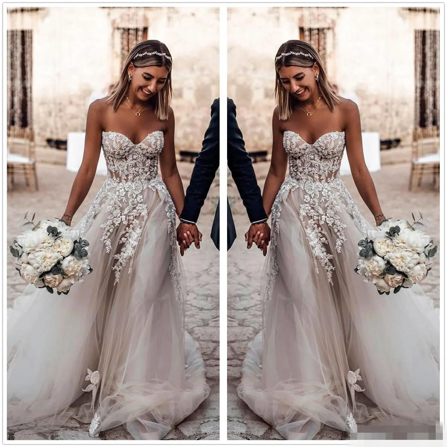 2020 Nouveau Gris Argent Une Ligne Robes De Mariée Décolleté En Coeur Sans Bretelles En Dentelle Applique Balayage Train Tulle Sur Mesure De Mariage Brid256B