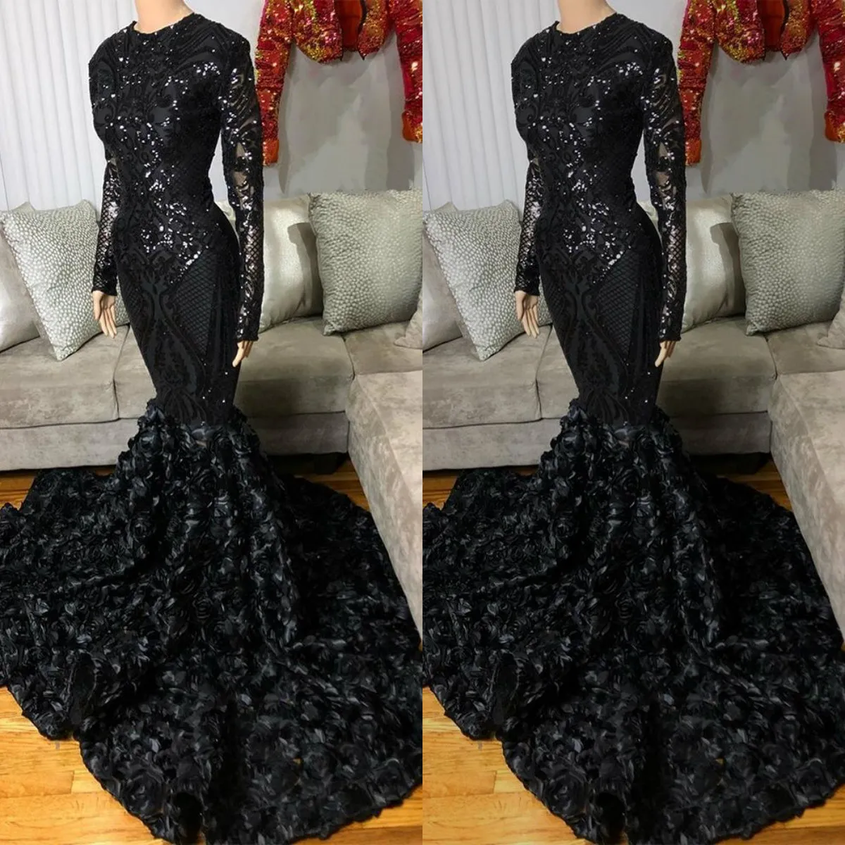 chinese dress ladies Black Lace 3D Rosette Mermaid Sheer Long Sleeves Prom Dress
