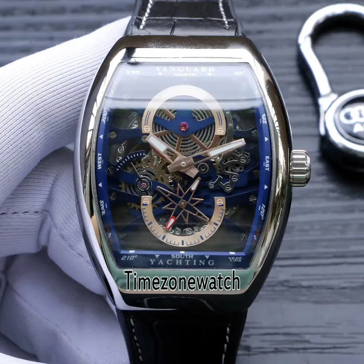 Novo Saratoge Vanguard S6 Yachting V45 S6 YACHT Caixa de aço Skeleton Blue Dial Relógio masculino automático Pulseira de couro Relógios masculinos Timezonewatch