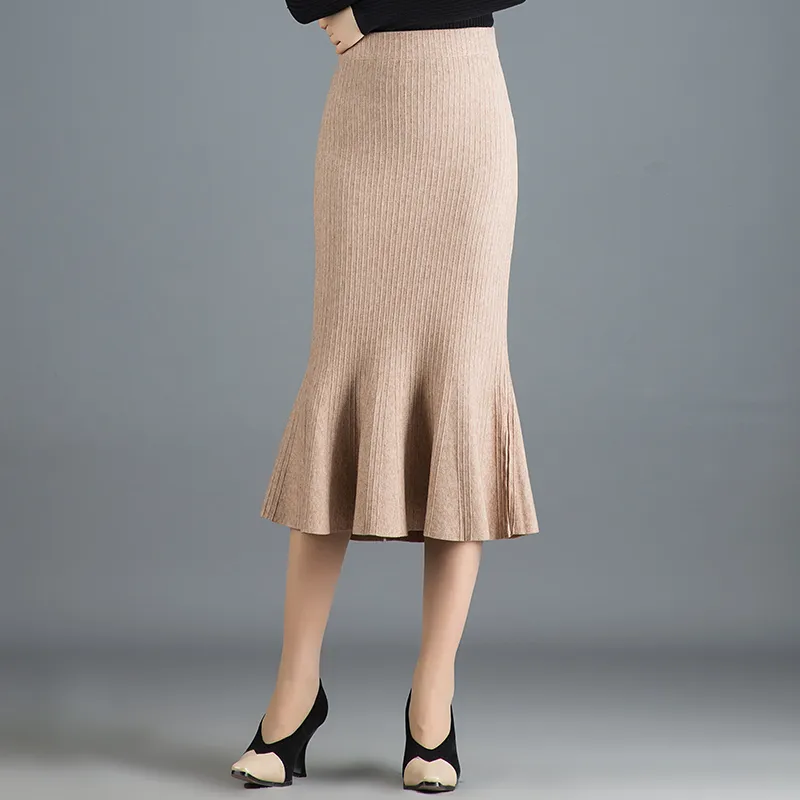 Skirts Fish Tail Midi Long Sweater Skirt Autumn Winter Women Knitted Mermaid Vintage Slim High Waist Black/Khaki P-386