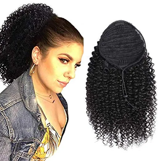 Cola de caballo de cabello humano rizado con cordón envolvente 3C Remy Cabello virgen brasileño Color natural Extensiones con clip de pieza de cabello rizado afro rizado