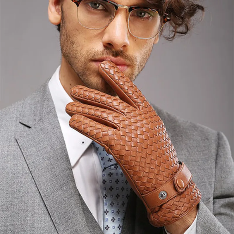 Fashion- Men New High-end Weave Genuine Leather Solid Wrist Sheepskin Glove Man Winter Warm Driving