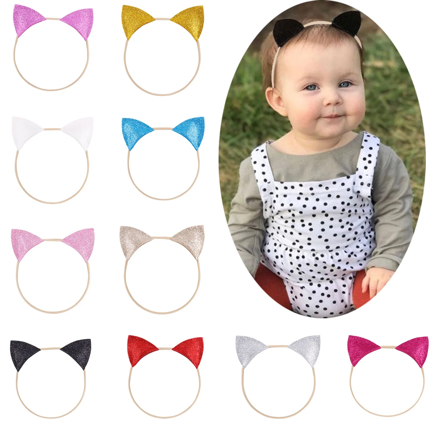 Ins Europe Baby Girls Cartoon Cat Ears Headband Kids Elastic Hairband Children Bandanas Headwrap Candy Color Headbands 10 colors A508