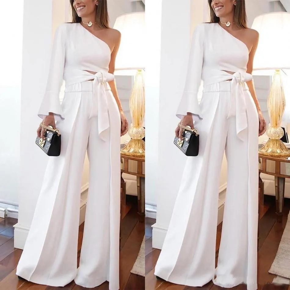 2019 festa de noite branco de um ombro Mulheres Pant ternos de vestido Poeta manga comprida Cutaway Sides Ampla Macacões Mulheres Casual vestido de festa