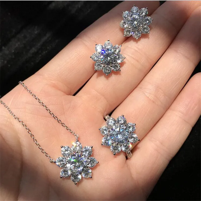 Sparkling Infinity Brand Luxury Jewelry Set Real 925 Sterling Silver Round Cut White Topaz CZ Diamond Stud Earring Women Clavicle Necklace