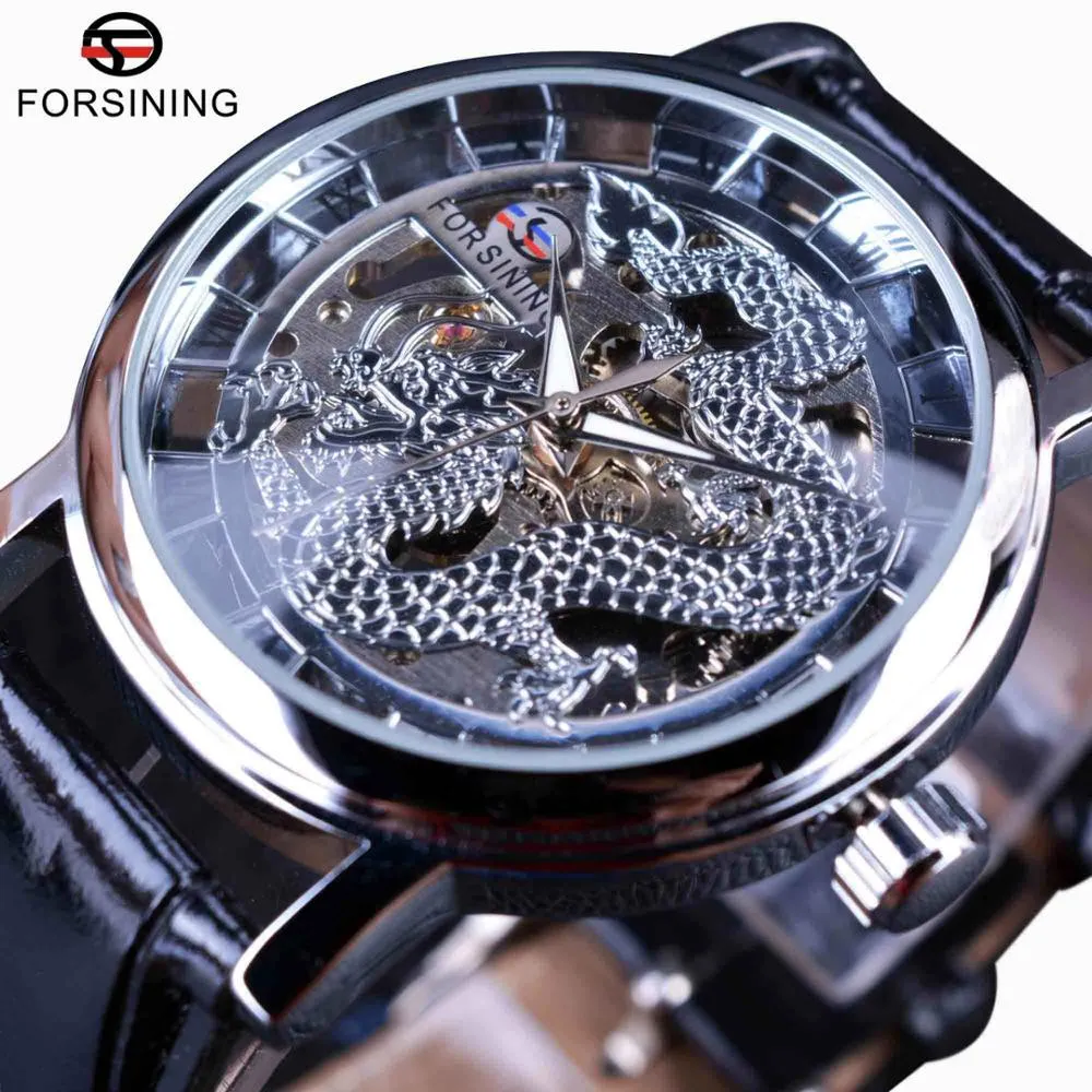 Forsining Chinese Eenvoudig Ontwerp Transparante Kast Heren Horloges Topmerk Luxe Skeleton Horloge Sport Mechanisch Horloge Mannelijke Clock262P