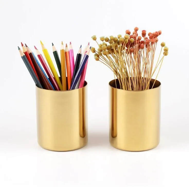 Mässing guldvase rostfritt stål cylindrisk penna hållare multifunktion penna rör blomma arrangemang inredning nordisk stil XD22235