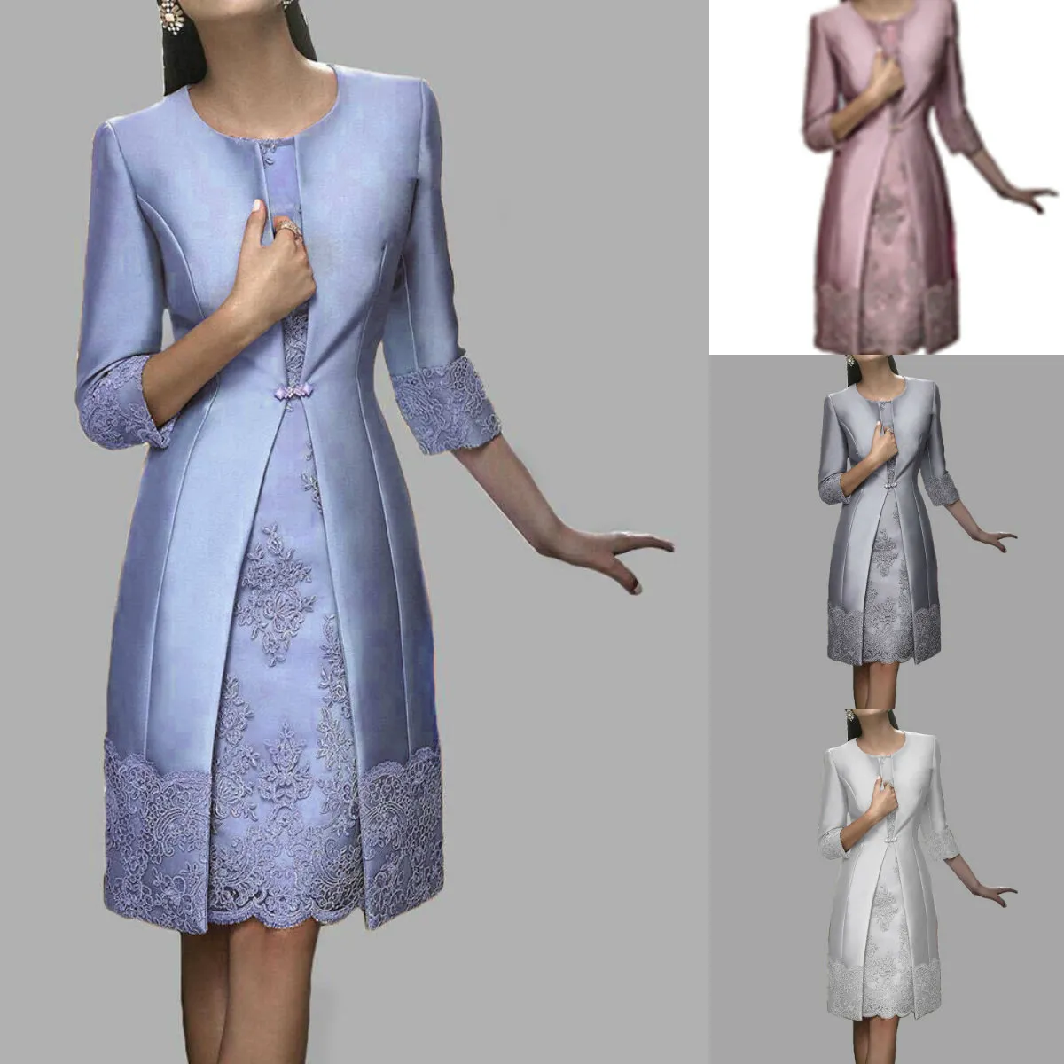 Mother Of The Bride Dresses With Jacket - Tea Length Chiffon Evening Gown, Elegant Silver Formal Dress, Custom Sizing - View #7