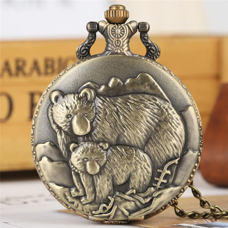 Bronze Polar Bears Display Quartz FOB Pocket Watch Vintage Pendant Halsband Kedja Retro Klocka Presenter Kids Män Kvinnor