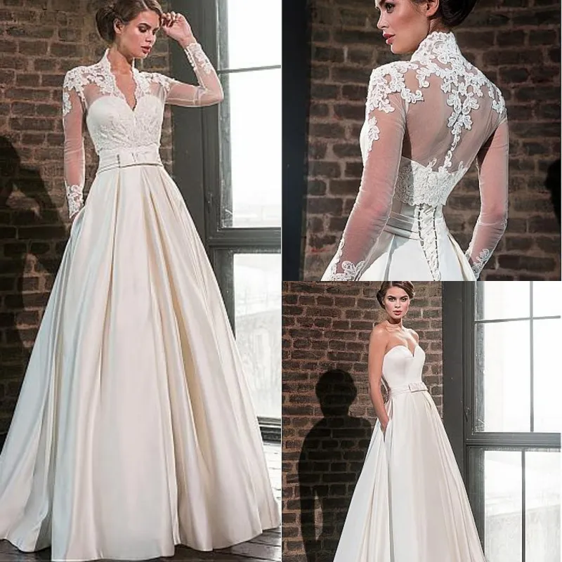Elegant Sweetheart Satin Wedding Dress 2020 with Jacket Long Sleeve Floor Length Muslim Bridal Gowns Pockets Robe De Mariage