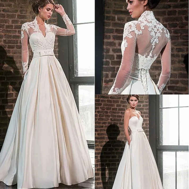 Elegante abito da sposa in raso con scollo a cuore 2020 con giacca manica lunga lunghezza del pavimento abiti da sposa musulmani tasche Robe De Mariage