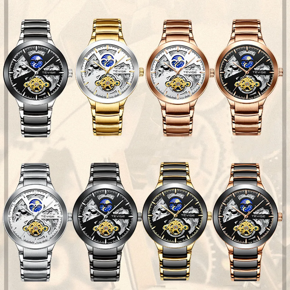 Ny Teise Luxury Men Klockor Automatisk Moon Fas Mekaniska Klockor Självvindande Tourbillon Man Armbandsur Relogio Masculino