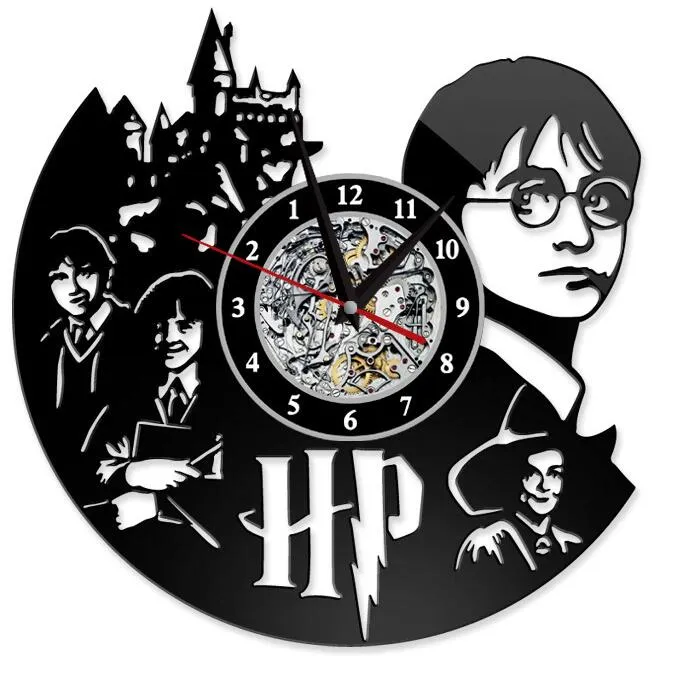 Harry Potter Clock Theme Art Cd Record Clocks Vinyl Record Antik LED Vägg Hängande Klocka Svart Hollow Heminredning Klockor GGA2656