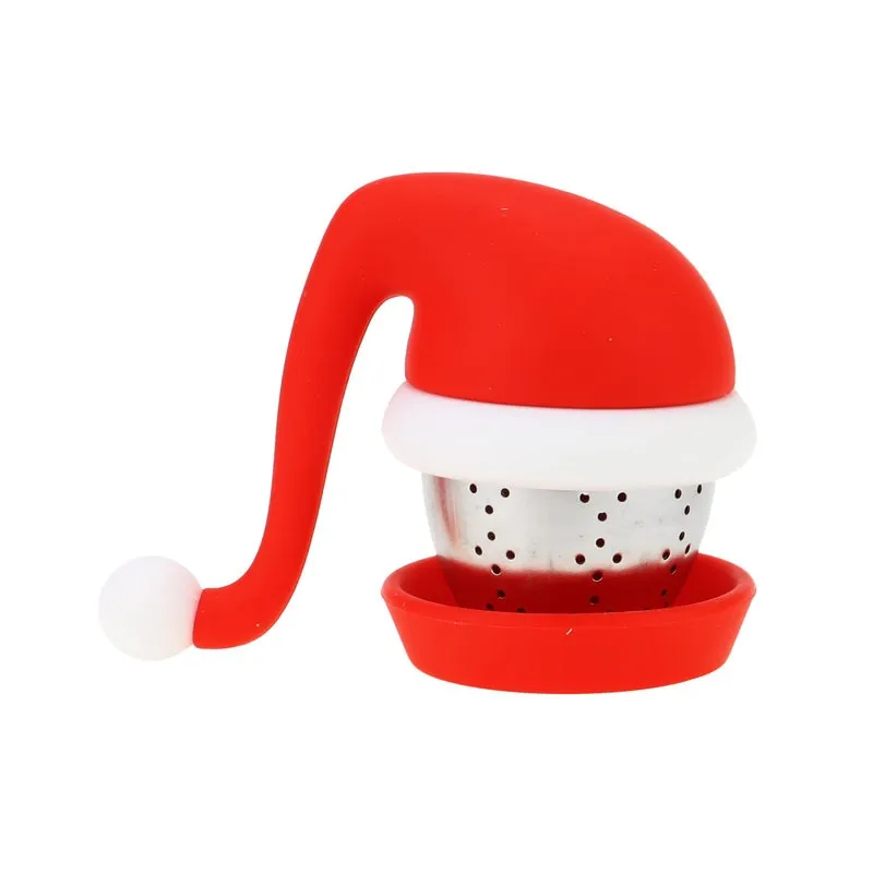 茶ストレーナークリスマス帽子形の茶漉しステンレス鋼の細かいメッシュグリーは、BPAフリーのシリコーンの帽子が付いているカップカップ