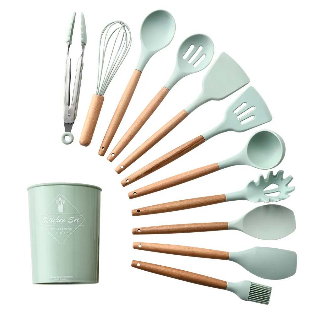 Outils de cuisson 12 pcs Ensemble de poignée en bois de silicone de haute qualité Ensemble de pochette de cuisine avec boîte de rangement spatule cuillère cuillère cuillère cuisine cuisson cuisson cuillère