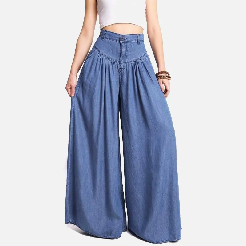 Fashion-High Waist Zipper Wide Ben Denim Kvinnor Byxor Jeans Casual Golvlängd Lösa Dam Elegant Vår Längder Feminin Kjolbyxor