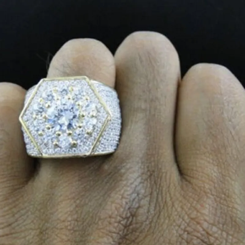 Wholesale- Men's Iced Out Cubic Zircon Bling Ring Gold Color Hexagon Full CZ Jewelry Micro Paved Iced Out Cubic Zircon Rings Gifts