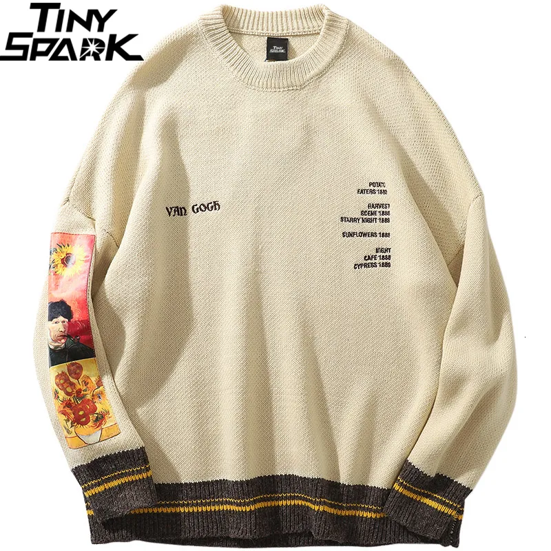 2019 Men Hip Hop Sweater Pullover Streetwear Van Gogh Painting Embroidery Knitted Sweater Retro Vintage Autumn Sweaters CottonMX190926