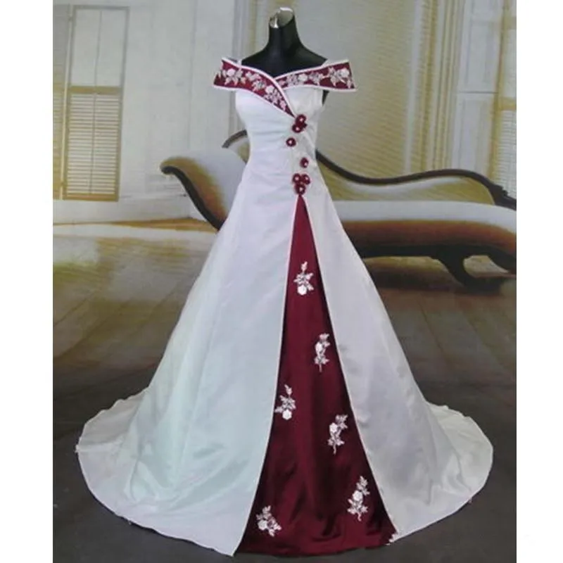 2020 New Stunning White and Burgundy Wedding Dress Vintage Handmade Appliques Off Shoulder Satin A Line Bridal Gowns Vestido de Noiva 749