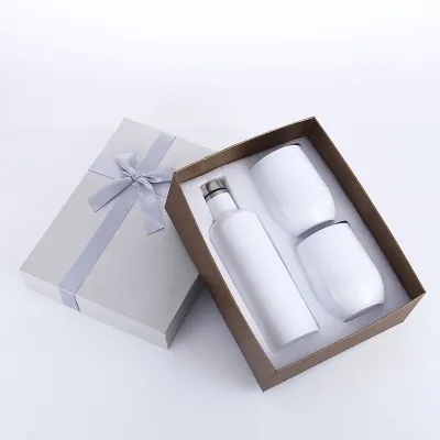 3er-Set Geschenk-Weinbecher-Set Eierbecher-Set Edelstahl doppelwandig isoliert mit einer Flasche und zwei Weinbechern EEA327