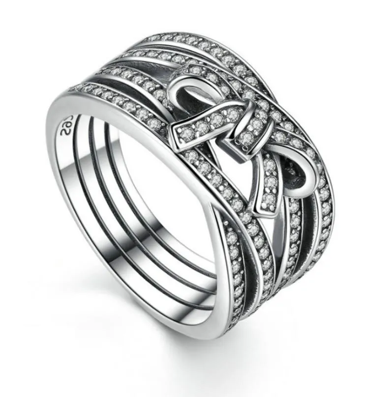 Authentieke 925 sterling zilveren CZ Diamond Ring Set Logo Originele doos voor Pan Delicate Sentimenten Bowknot Rings Dames Meisjes W189