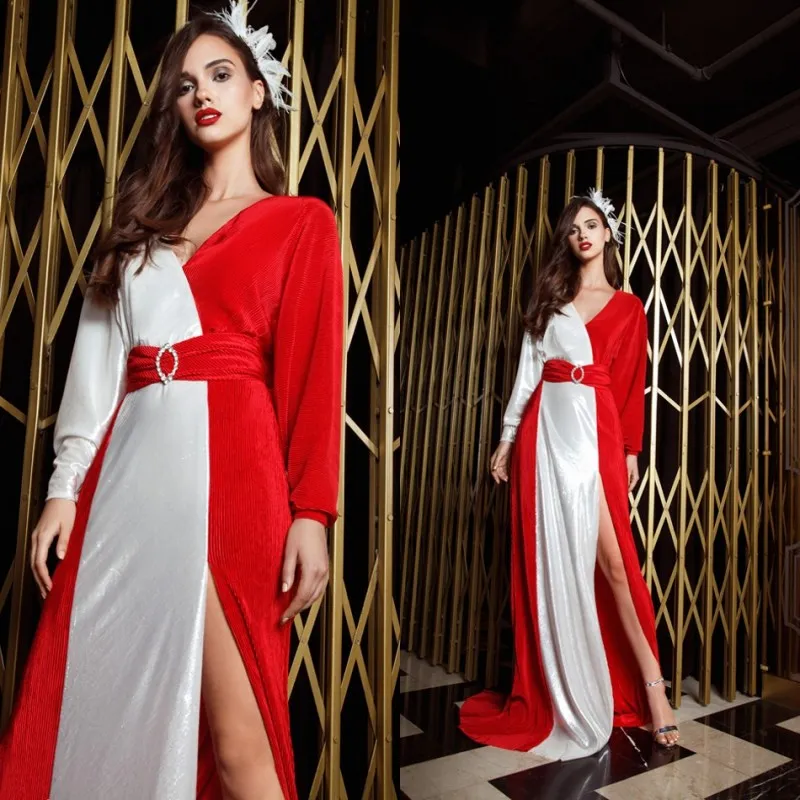 Ashi Studio 2019 Robes de soirée Col en V Fendu sur le côté Manches longues Plus la taille A-ligne Robes de bal Robe d'occasion spéciale d'épissure rouge et blanche