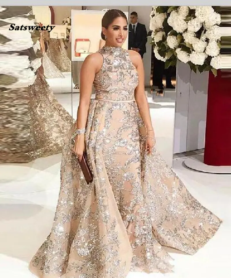 Abiye Sparkle Crystal Prom -klänningar med overskirt lyxig champagne Long Mermaid Prom -klänningar Hög krage Mellanöstern Abendkleider