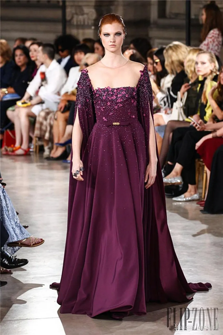 Élégant Georges Hobeika Grape Robes Soirée Avec Cape Sheer Jewel Neck Perlé A-ligne Robes De Soirée Balayage Train 3D Appliques Robe Formelle 4