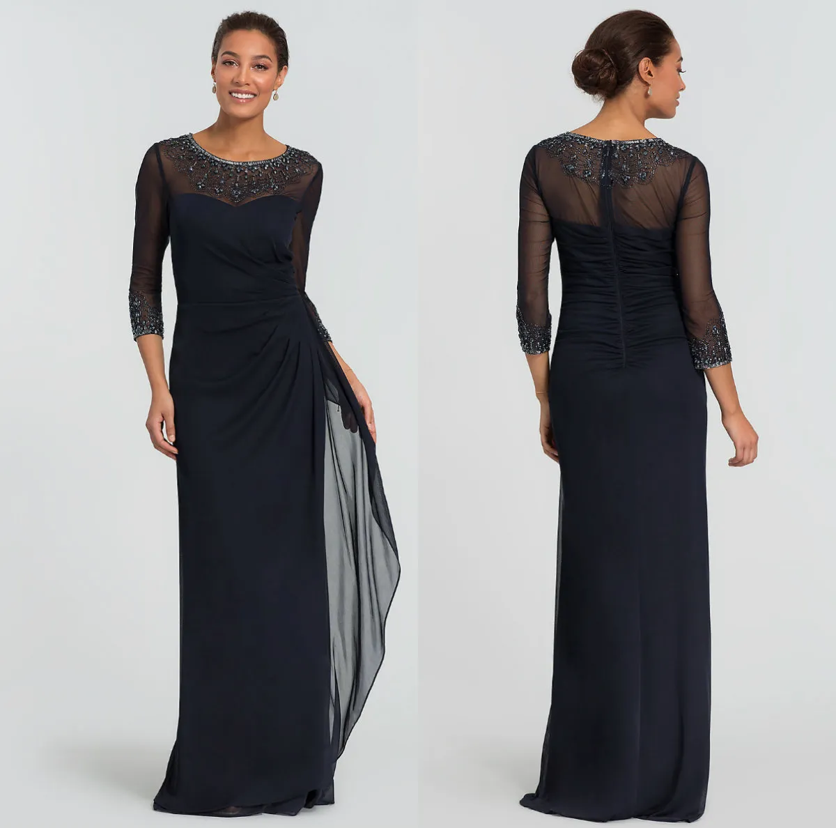 3/4 Långärmad muslimska kvällsklänningar Beaded Jewel Neck Chiffon Black Robe de Soiree Plus Size Formell Dress