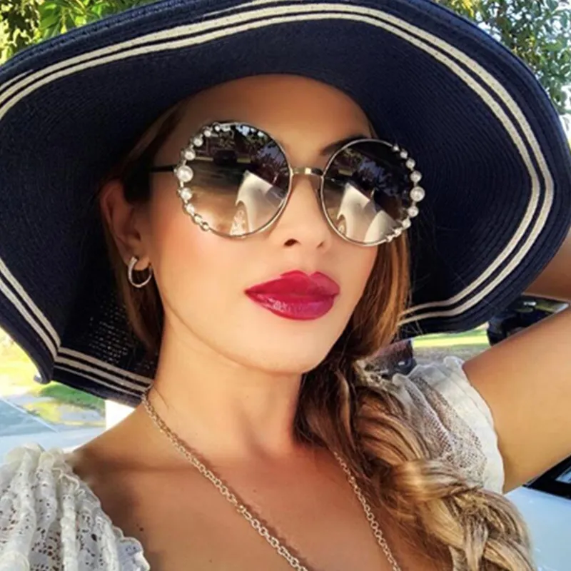 Hbk Round Pearl Sunglasses Modis Feminino 2019 Vintage Mulheres Marca Óculos de Sol Gradiente UV400