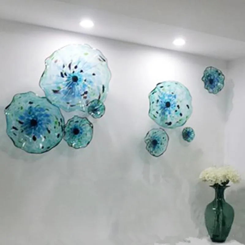 Murano Flower Plate Lamps Arts Blue Color Nordic Art Deco 100% Hand Blown Glass Hanging Plates Scallop Edges Shape