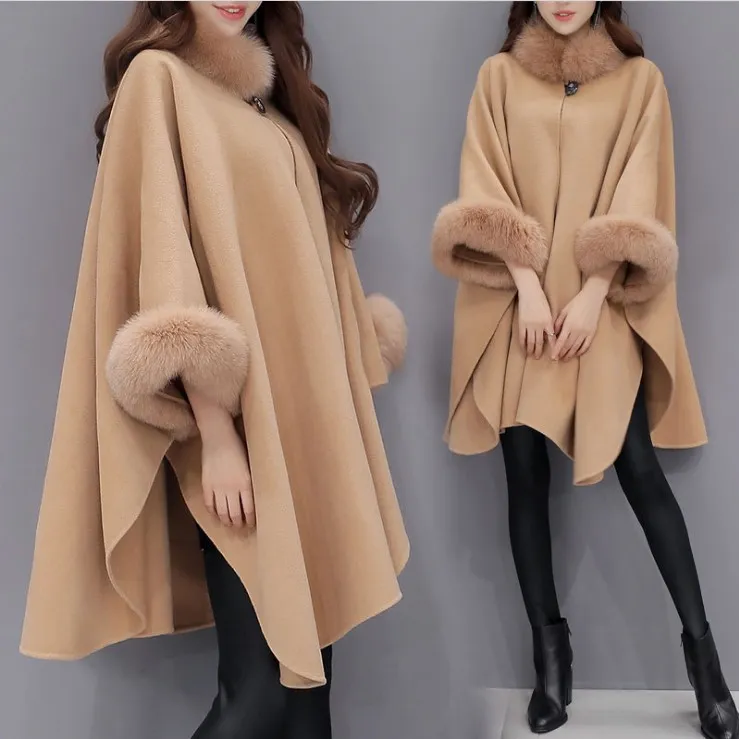 Women Capes Cloak Fur Neck Design Womens Winter Clothing Outerwear Tops Loose Fashion Coats Capes Ladies Wool Blends Coats S-3XL