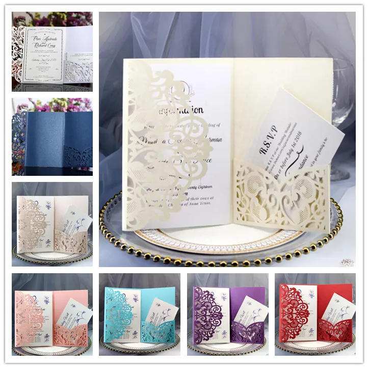 Glittery bröllopskort satser Spring Flower Laser Cut Pocket Bridal Invitation Card för engagemang Graduate Birthday Party Inbjuder FMT2146