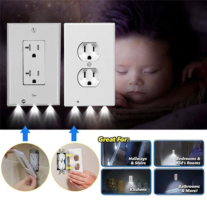 Plug Cover LED Night Light PIR Motion Sensor Safety Light Angel Wall Outlet Hallway Bedroom Bathroom Night Lamp