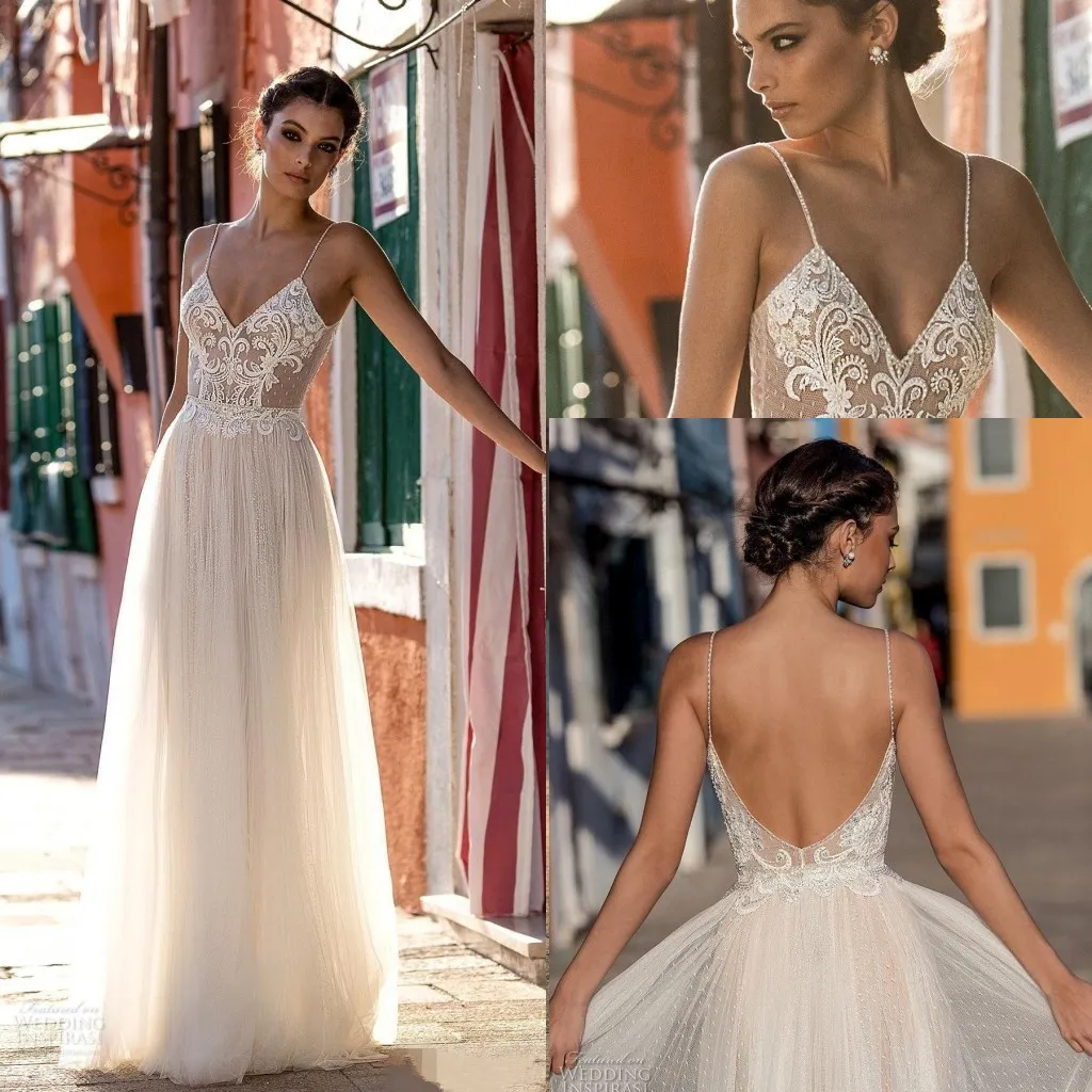 2020 New Gali Karten Lace Beach Wedding Dresses Spaghetti Straps Beaded Robe De Soiree Backless Long Boho Wedding Brdial Gowns