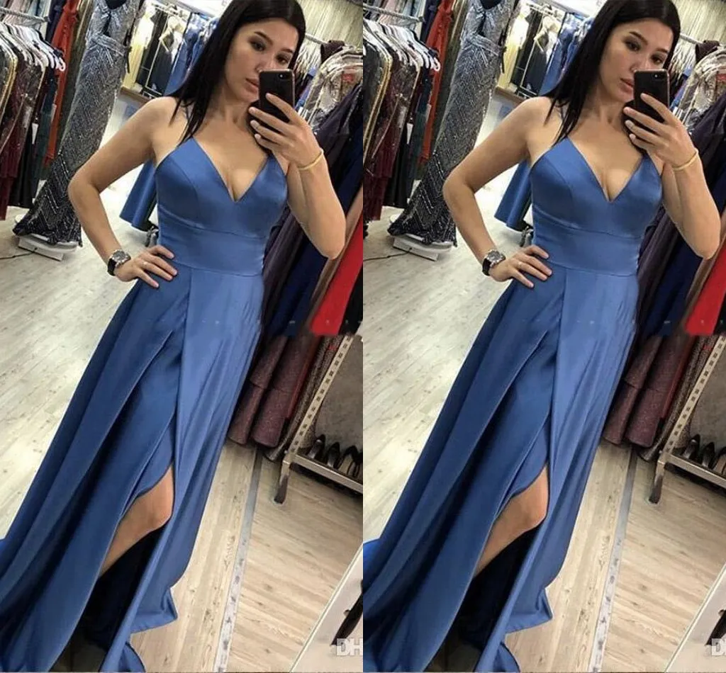 Günstige Einfach Sexy A-Linie Abendkleider Spaghettiträger Hoch Slit Sweep Zug formalen Partei-Kleid Lange Abendkleider Robe De Soiree