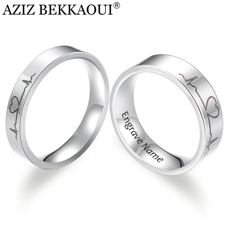 Engrave Name Couple Rings Stainless Steel Comfort Fit Ring Laser Engraved Heartbeat Medical Symbol Wedding Band