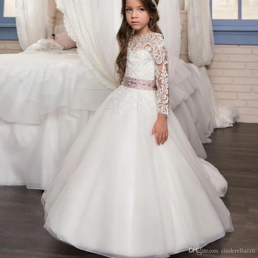 New Arrival Long Sleeve Open Back Beading with Bow Sash Little Flower Girls Ball Gowns Lace Appliques First Communion Dresses