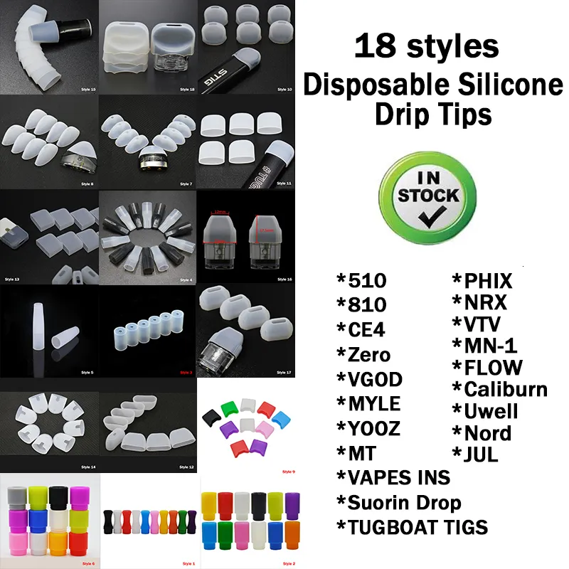 18 stijlen Disposable Silica Gel Drip Tip Siliconen 510 Mondstuk Wide Boring e Sigaret Fit Pods RDA Atomizer Hoge Kwaliteit DHL