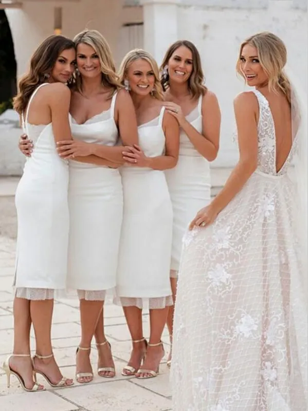2019 nya anlända brudtärna klänningar enkel vit spaghetti strap land brudtärna klänningar te längd piga av ära klänningar gratis frakt