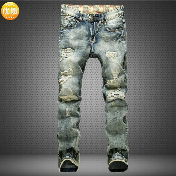 Men's Jeans Hole Nostalgic Trade More Fabric Frayed Red Flag Denim Trousers Mens Cool Jean Male Long Pants267j